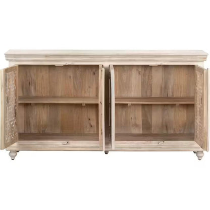 Open wooden cabinet with two ornate doors and shelves.