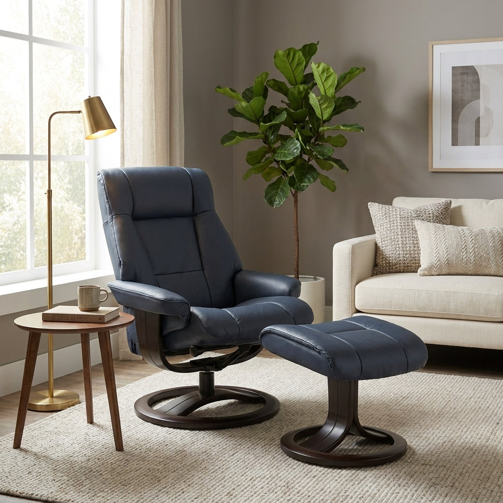 Blue recliner chair with matching footrest.