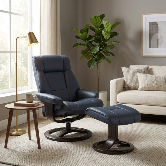 Blue recliner chair with matching footrest.