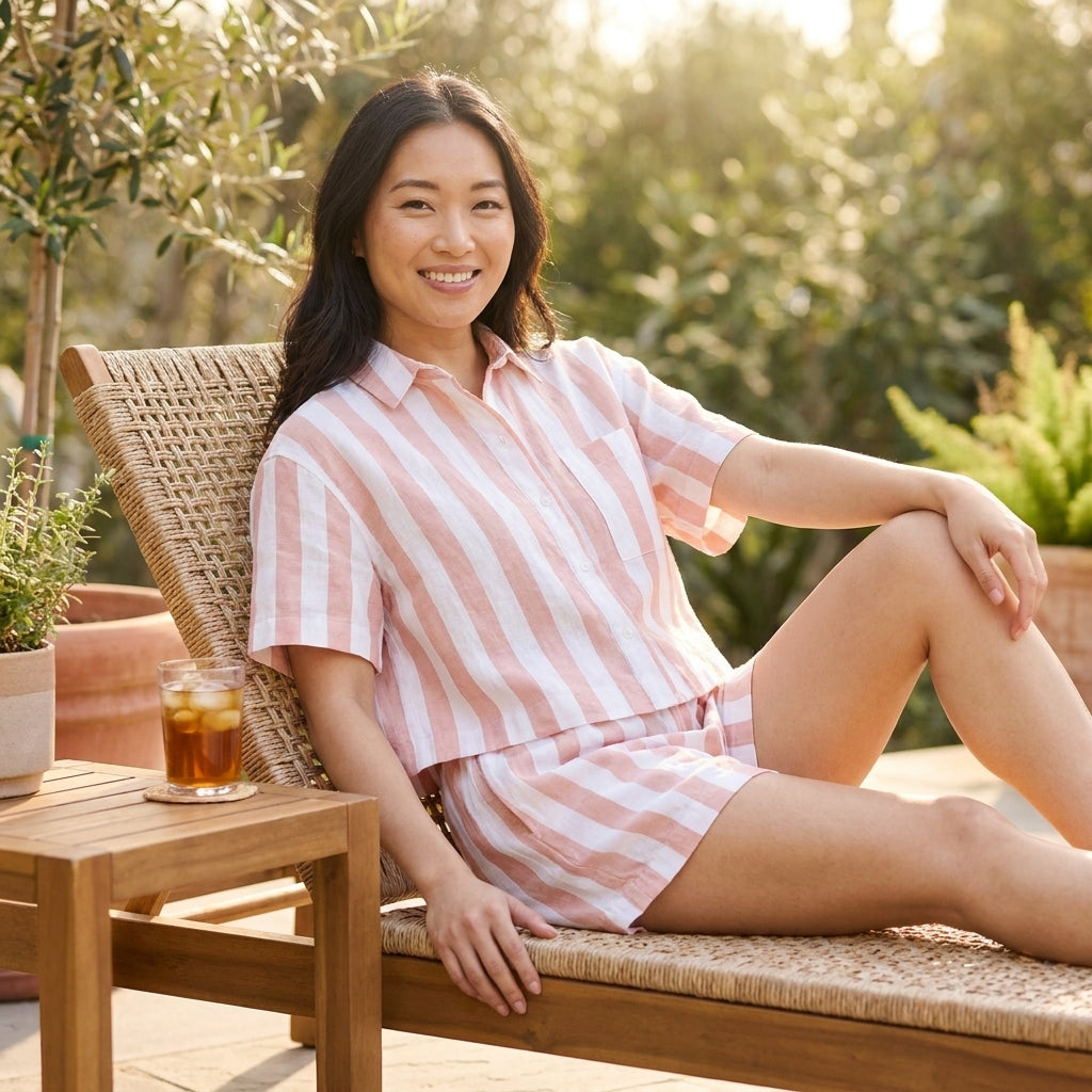 Woman lounging outdoors in pink striped outfit with iced tea.