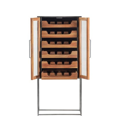 Wooden wine cabinet with multiple racks and glass doors.