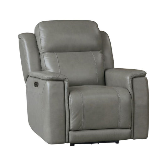 Gray leather recliner chair with plush cushions.