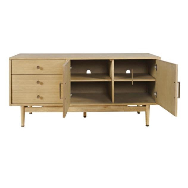 Wooden sideboard with open doors and drawers, featuring shelves and storage.