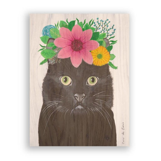 Picture of "Black Cat with Flowers Hat" Wood Block Art Print
