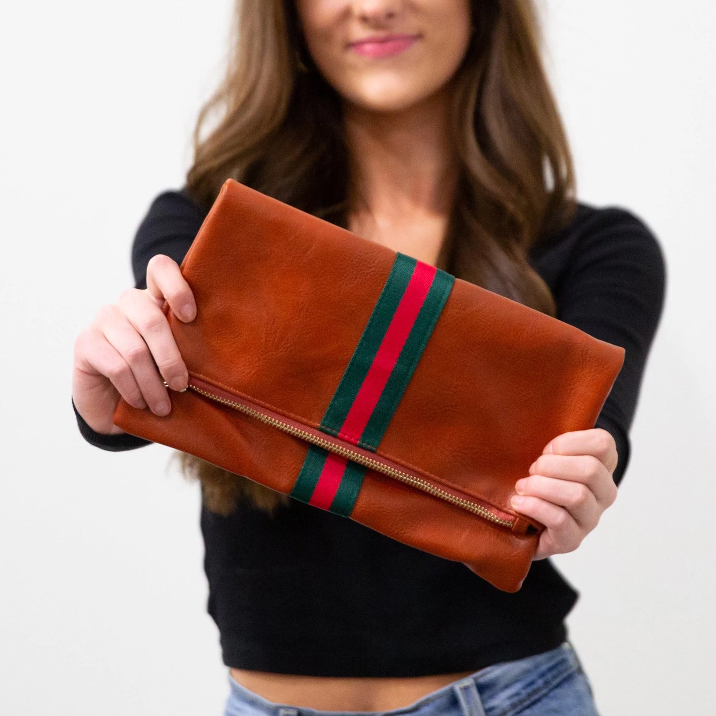 Preppy Stripe Foldover Clutch - Red/Green Stripe