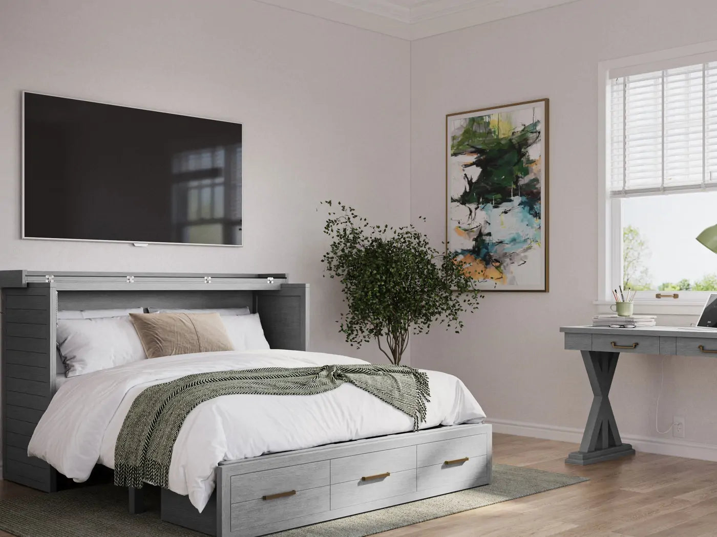 Norway cabinet bed open and made up as a Queen bed in a home office