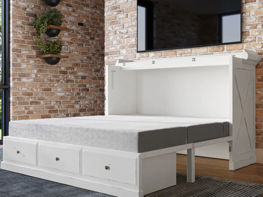 The tri-fold memory foam mattress laid flat on the platform
