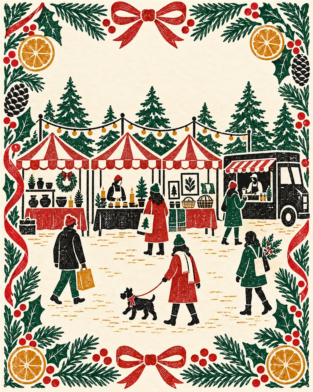 Block-print illustration of striped market tents, a food truck and shoppers at the Adjectives outdoor market